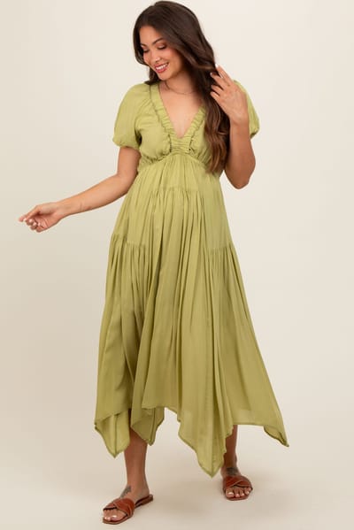 PinkBlush Light Olive Deep V-Neck Puff Short Sleeve Asymmetrical Hem Maternity Midi Dress