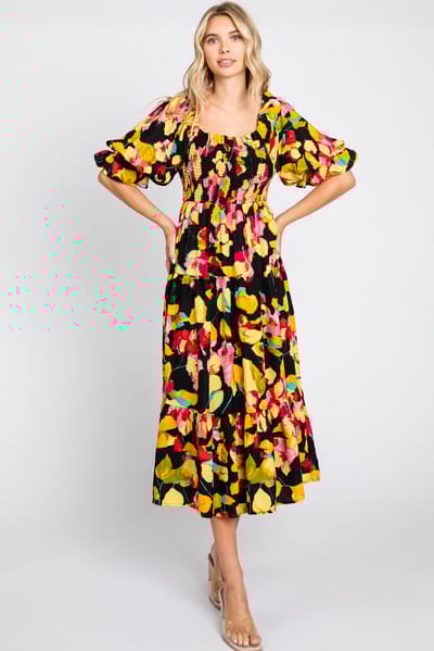 Eesome Black Floral Puff Sleeve Midi Dress