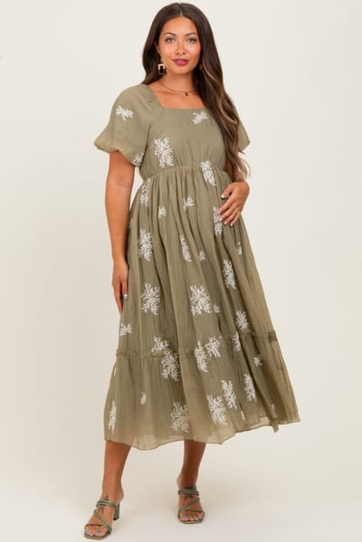 Polagram Light Olive Floral Print Ruffle Hem Maternity Midi Dress