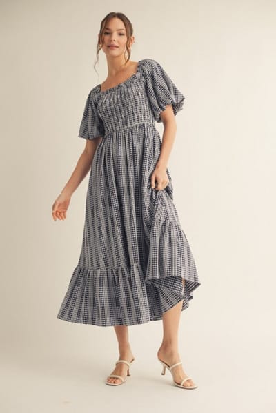 Jodifl Navy Gingham Smocked Puff Sleeve Midi Dress