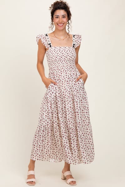 She + Sky Red Floral Bow Trim Lace Detail Smocked Maxi Dress