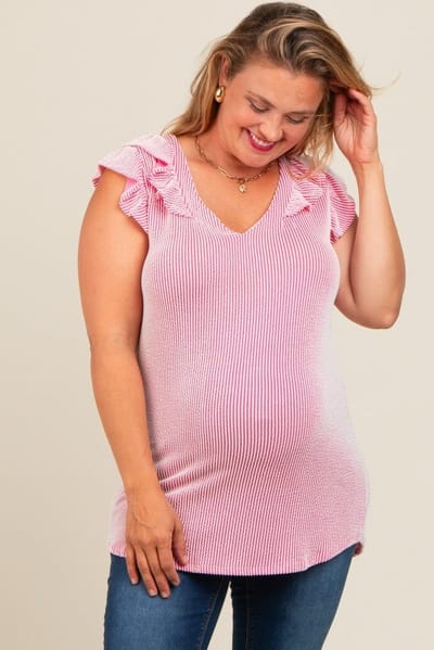 PinkBlush Pink Ribbed Ruffle Sleeve Plus Maternity Top