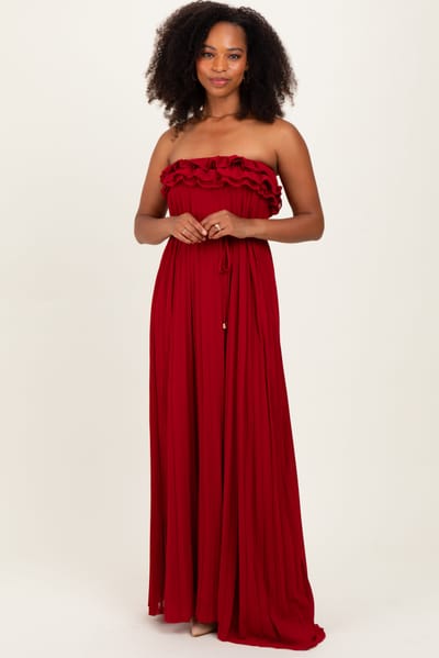 Aakaa Red Ruffled Chest Pleated Maxi Dress With Self Tie