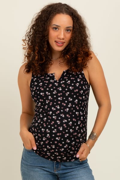 P.S. Kate Black Floral Ribbed Split Neck Maternity Tank Top