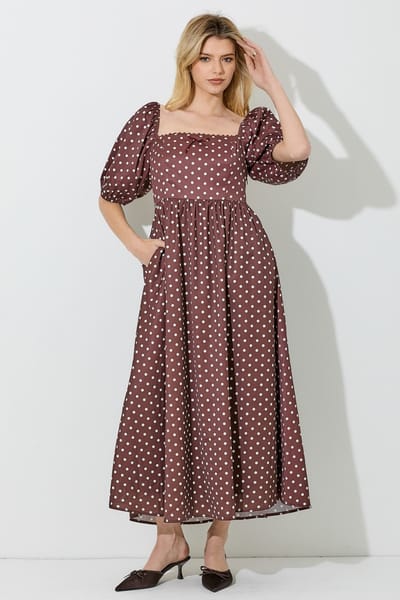 BaeVely Brown Polka Dot Square Neck Midi Dress