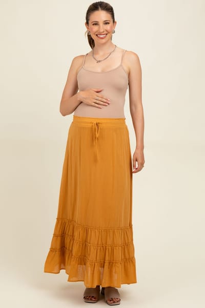 PinkBlush Yellow Drawstring Layered Ruffle Hem Maternity Maxi Skirt