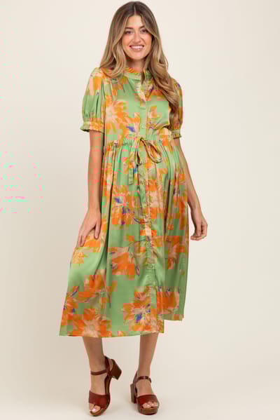 Jodifl Light Olive Floral Satin Button Down Maternity Midi Dress