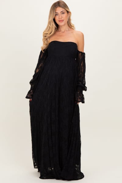 PinkBlush Black Lace Smocked Long Sleeve Off Shoulder Maternity Maxi Dress