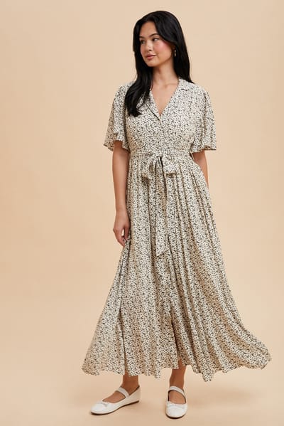 In Loom Cream Flutter Sleeve Button Down Maxi Dress