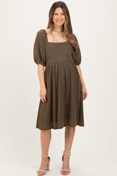 PinkBlush Olive Lace Jacquard Puff Sleeve Maternity Dress
