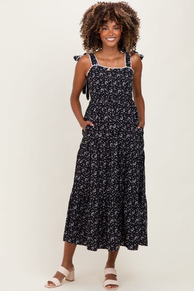 PinkBlush Black Floral Lace Trim Shoulder Tie Maternity Maxi Dress