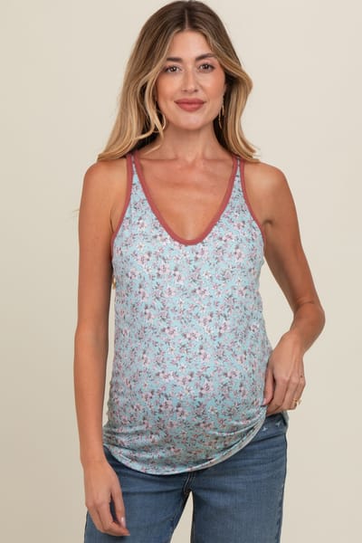 PinkBlush Light Blue Floral V-Neck Maternity Tank Top