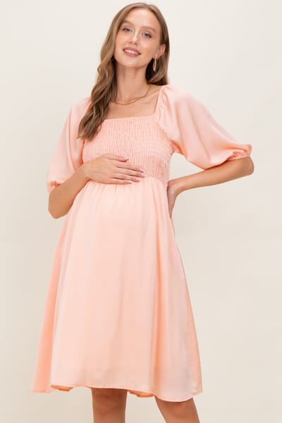 Chris & Carol Peach Satin Smocked Maternity Midi Dress