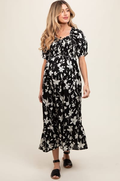PinkBlush Black Floral Puff Sleeve Maternity Midi Dress