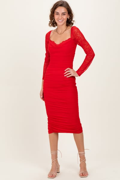 Privy Red Ruched Lace Sleeve Midi Dress