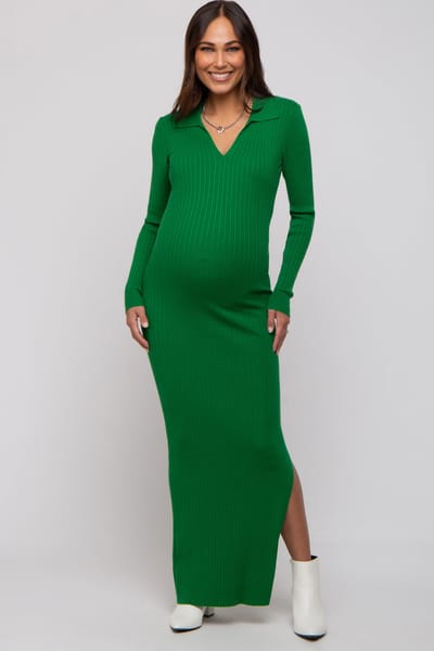 Shop Iris Basic Green Rib Knit Collared Maternity Maxi Dress