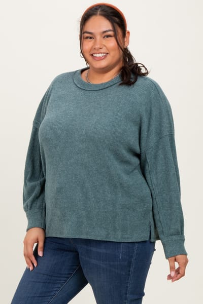 Zenana Outfitters Emerald Green Brushed Ribbed Knit Plus Pullover