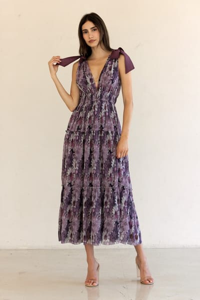 Storia Purple Floral Mesh Deep V-Neck Shoulder Tie Maxi Dress