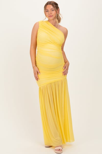 PinkBlush Lemon Ruched Mesh One Shoulder Maternity Maxi Dress