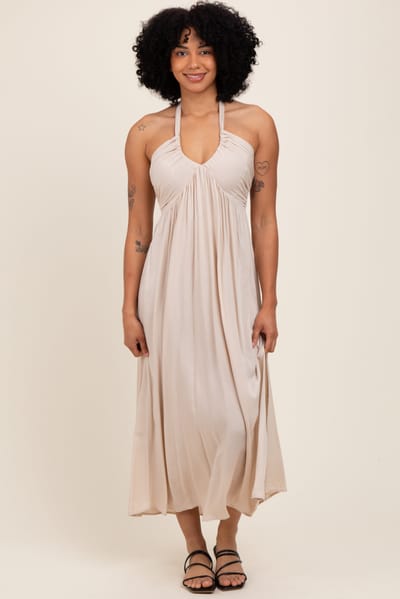 Final Touch Cream Halter Neck Side Slit Midi Dress