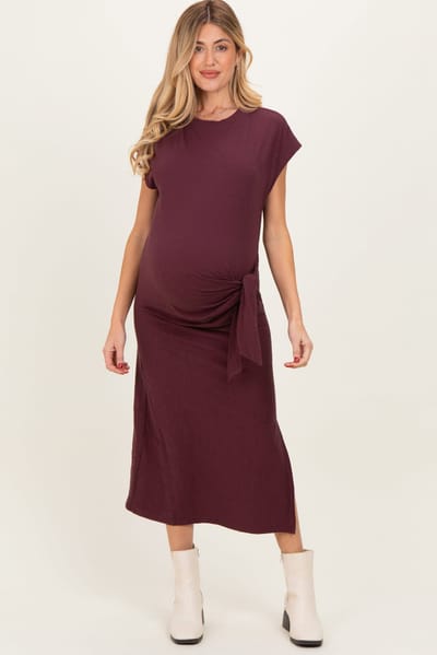 PinkBlush Maroon Side Tie Side Slit Maternity Midi Dress