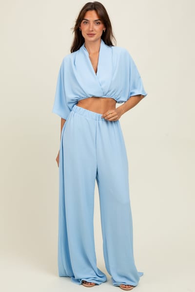 Win Win Apparel Blue Crop Blouse Wide Leg Pant Set