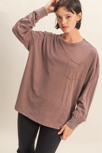 Hyfve Mocha Oversized Washed Long Sleeve Pocket Top