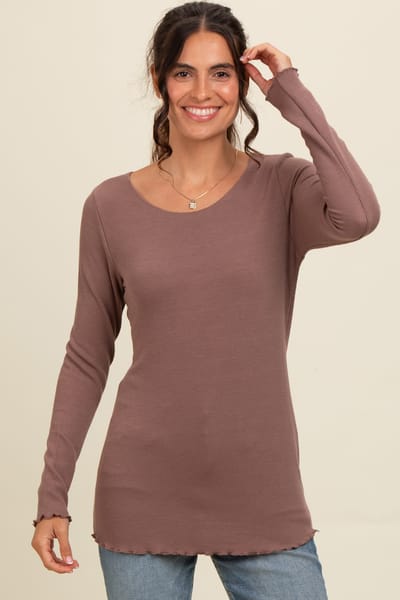 Hello Miz Brown Ribbed Knit Long Sleeve Lettuce Hem Top