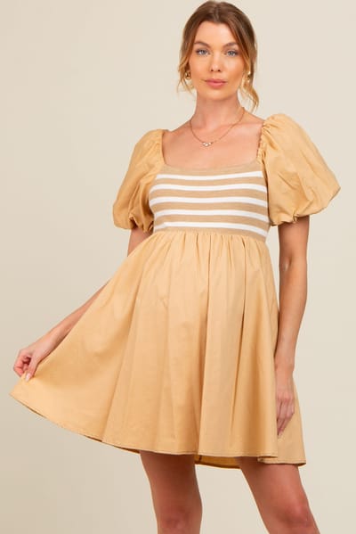 PinkBlush Beige Knit Contrast Poplin Maternity Dress