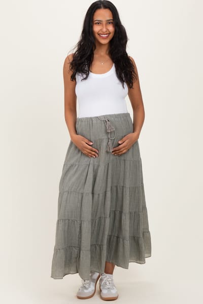 Mustard Seed Light Olive Tiered Drawstring Maternity Maxi Skirt