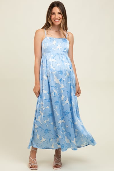 Rhea + Thea Light Blue Floral Sleeveless Maternity Maxi Dress