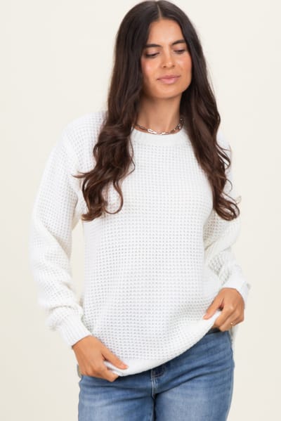 Zenana Outfitters Ivory Waffle Knit Rounded Hem Sweater