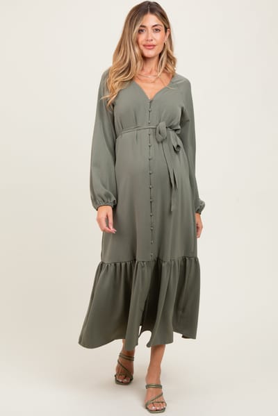 Hyfve Olive Elegant Long Sleeve Waist Tie Maternity Midi Dress