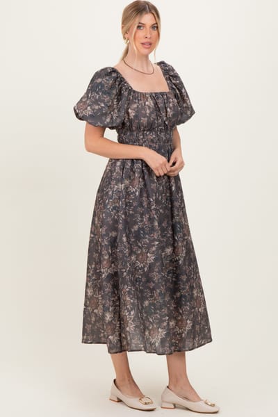 Polagram Brown Floral Puff Sleeve Midi Dress