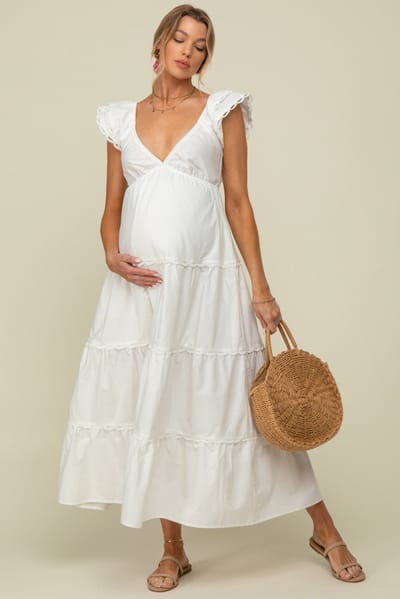 BaeVely White Ruffle Trim Maternity Maxi Dress