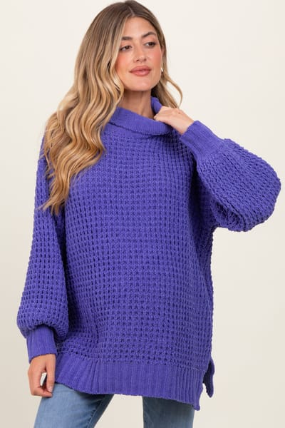 In Loom Periwinkle Chunky Waffle Knit Maternity Turtleneck Sweater