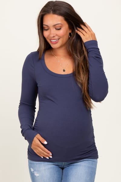 P.S. Kate Navy Ribbed Ruched Maternity Long Sleeve Top