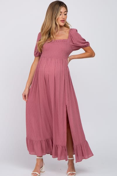 Hello Miz Mauve Swiss Dot Square Neck Smocked Maternity Maxi Dress