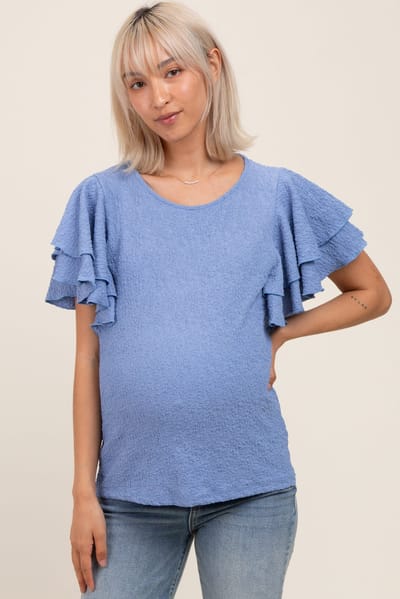 PinkBlush Blue Textured Ruffle Sleeve Maternity Top