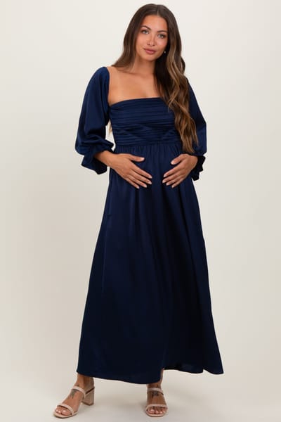 Elloh Navy Off Shoulder Satin Pleated Bodice Maternity Maxi Dress