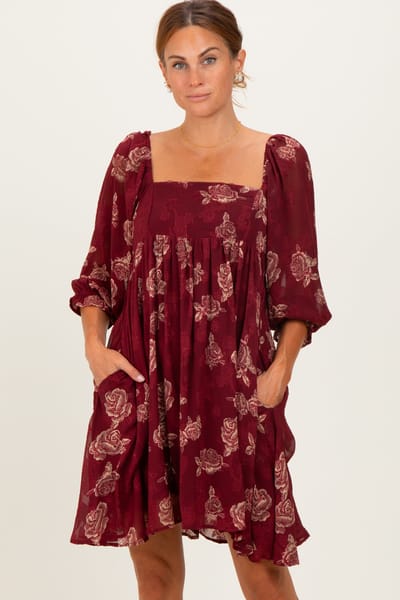 Sweet Lemon Burgundy Floral Jacquard 3/4 Sleeve Dress