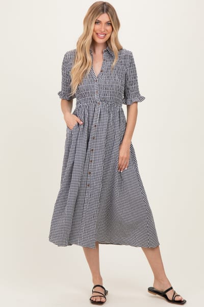 Polagram Black Gingham Smocked Button Down Midi Dress