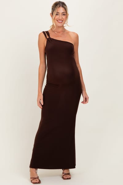 Blue Blush Brown Double Strap One Shoulder Maternity Maxi Dress