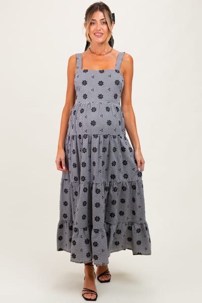 Storia Black Gingham Floral Embroidered Maternity Maxi Dress