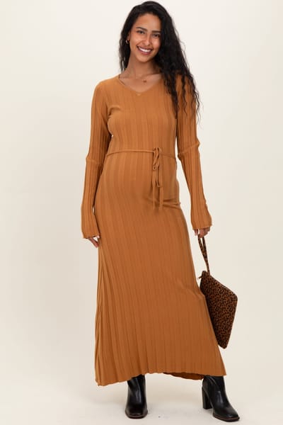 PinkBlush Camel Ribbed Wait Tie Maternity Midi Dress