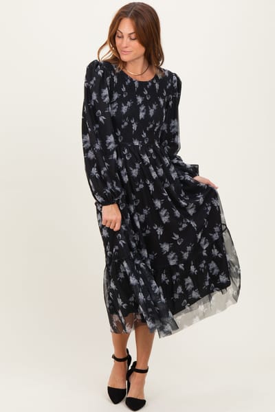 Tea N Rose Black Floral Mesh Smocked Midi Dress