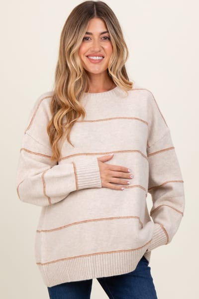PinkBlush Beige Striped Drop Shoulder Maternity Sweater