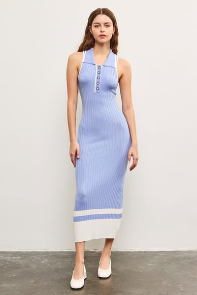 Mustard Seed Periwinkle Knit Colorblock Stripe Sleeveless Polo Dress