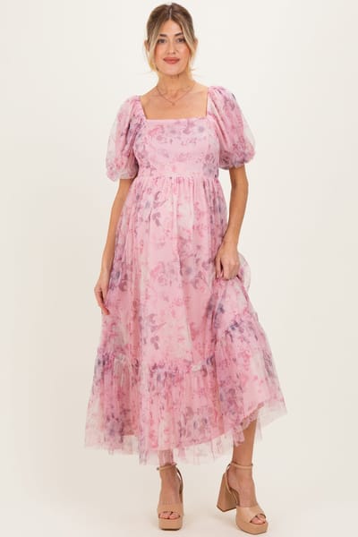 PinkBlush Pink Floral Printed Tulle Puff Sleeve Maternity Midi Dress