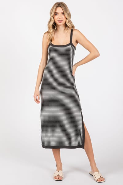 Mitto Charcoal Striped Sleeveless Fitted Side Slit Dress